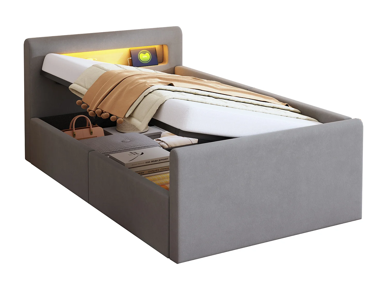 Lit enfant rembourré 90×200 cm, avec éclairage LED, prise USB, rangement hydraulique et tissu en velours gris