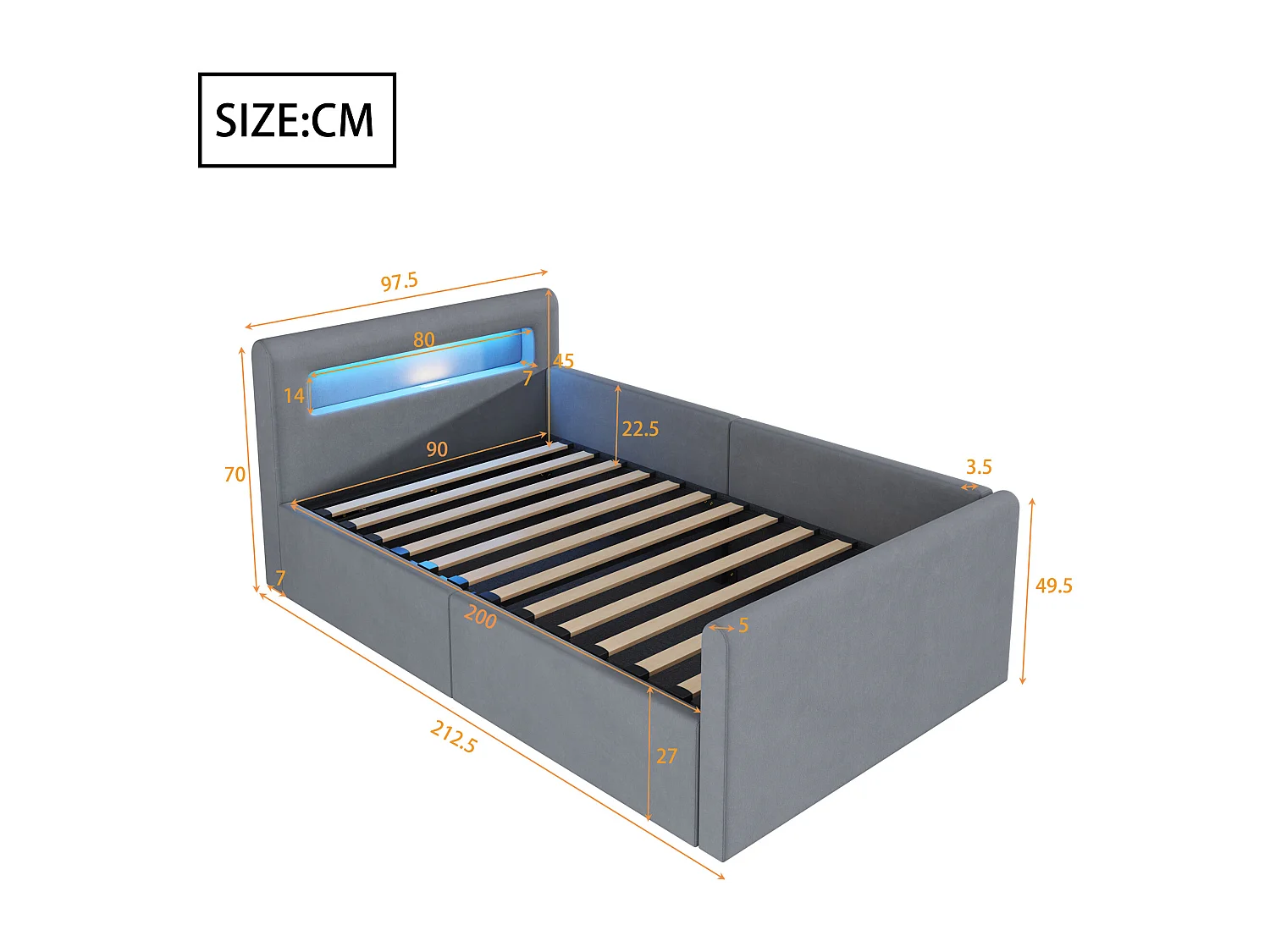 Lit enfant rembourré 90×200 cm, avec éclairage LED, prise USB, rangement hydraulique et tissu en velours gris