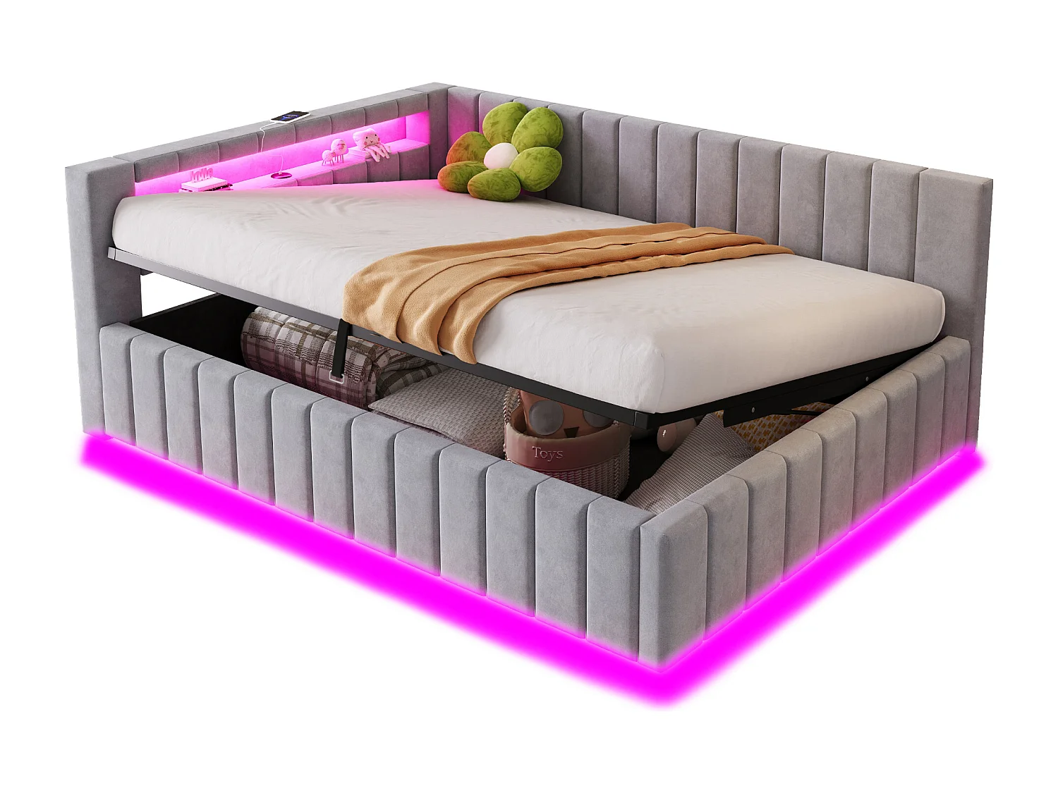 Lit coffre multifonction 140x200 cm, avec éclairage LED, prise USB, et tissu en velours gris