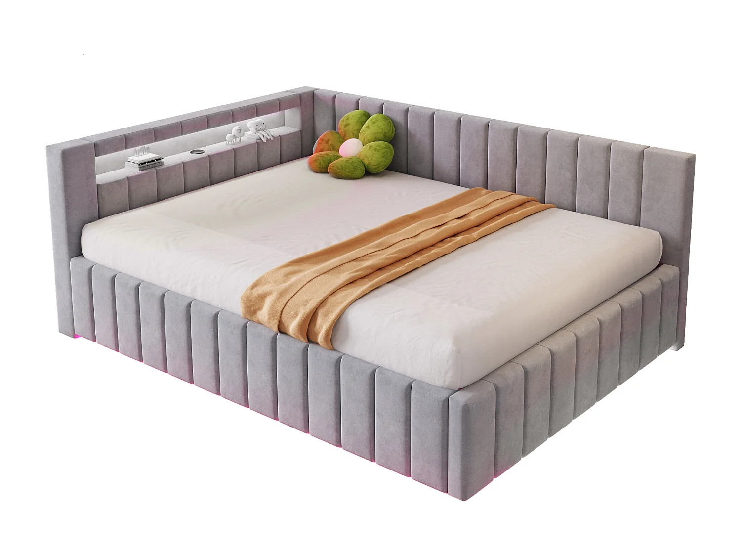 Lit coffre multifonction 140x200 cm, avec éclairage LED, prise USB, et tissu en velours gris