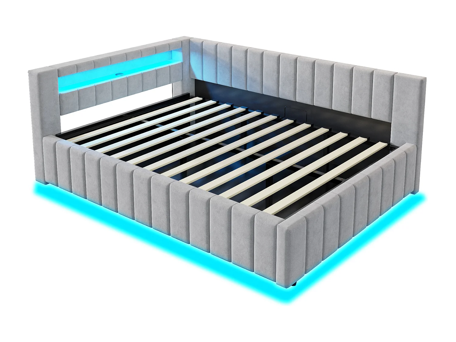 Lit coffre multifonction 140x200 cm, avec éclairage LED, prise USB, et tissu en velours gris