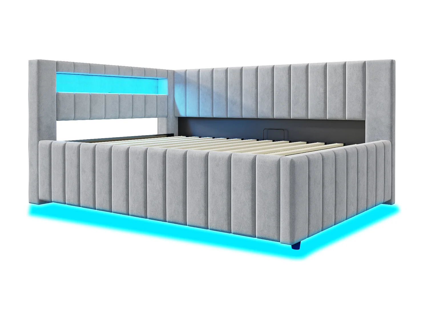 Lit coffre multifonction 140x200 cm, avec éclairage LED, prise USB, et tissu en velours gris