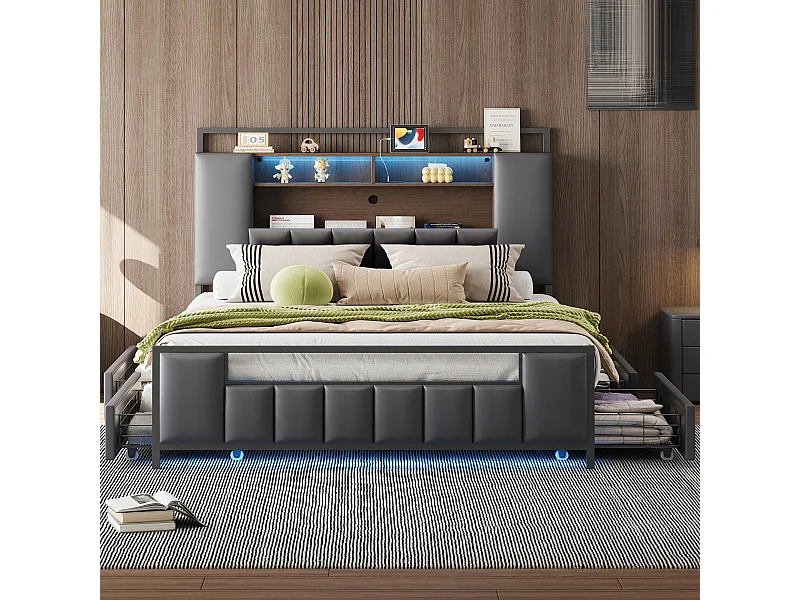 Lit tapissé 140x200 cm avec LED, port USB, tiroirs, structure métallique solide, cuir synthétique gris, double
