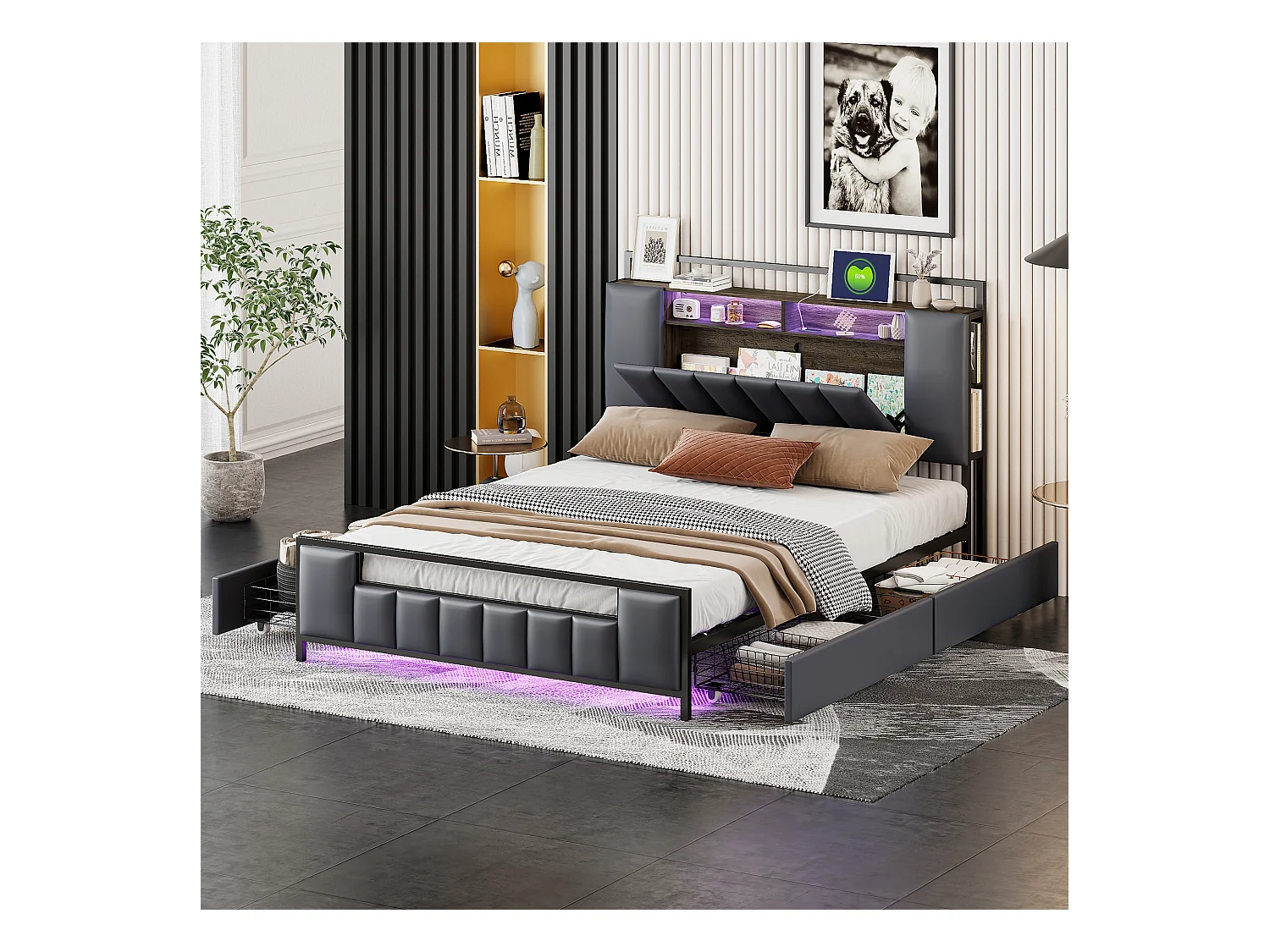 Lit tapissé 140x200 cm avec LED, port USB, tiroirs, structure métallique solide, cuir synthétique gris, double