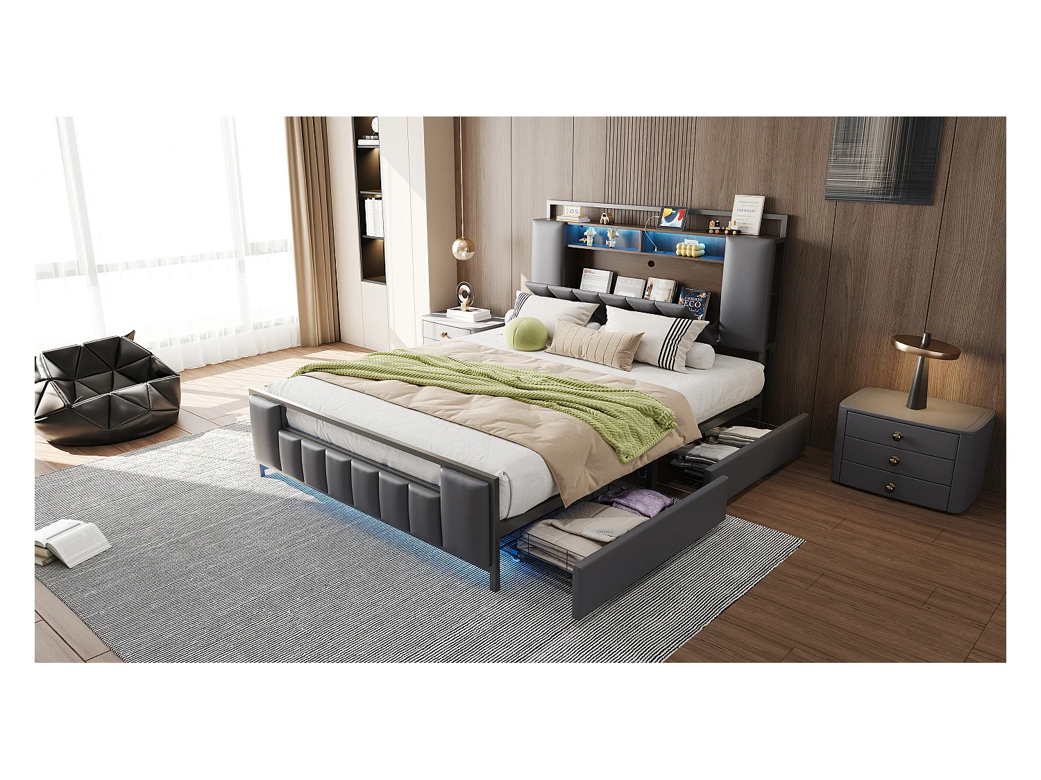 Lit tapissé 140x200 cm avec LED, port USB, tiroirs, structure métallique solide, cuir synthétique gris, double