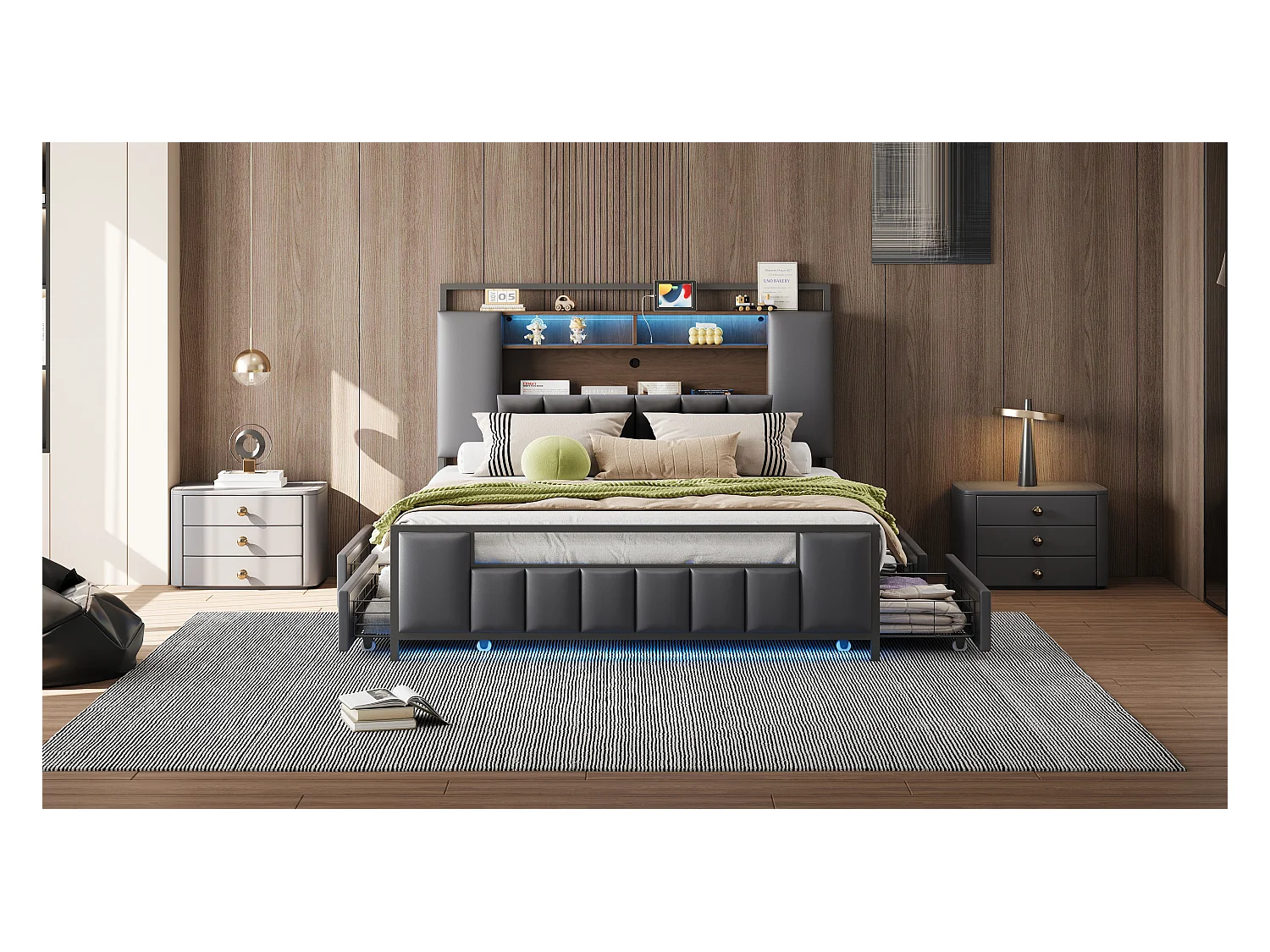 Lit tapissé 140x200 cm avec LED, port USB, tiroirs, structure métallique solide, cuir synthétique gris, double