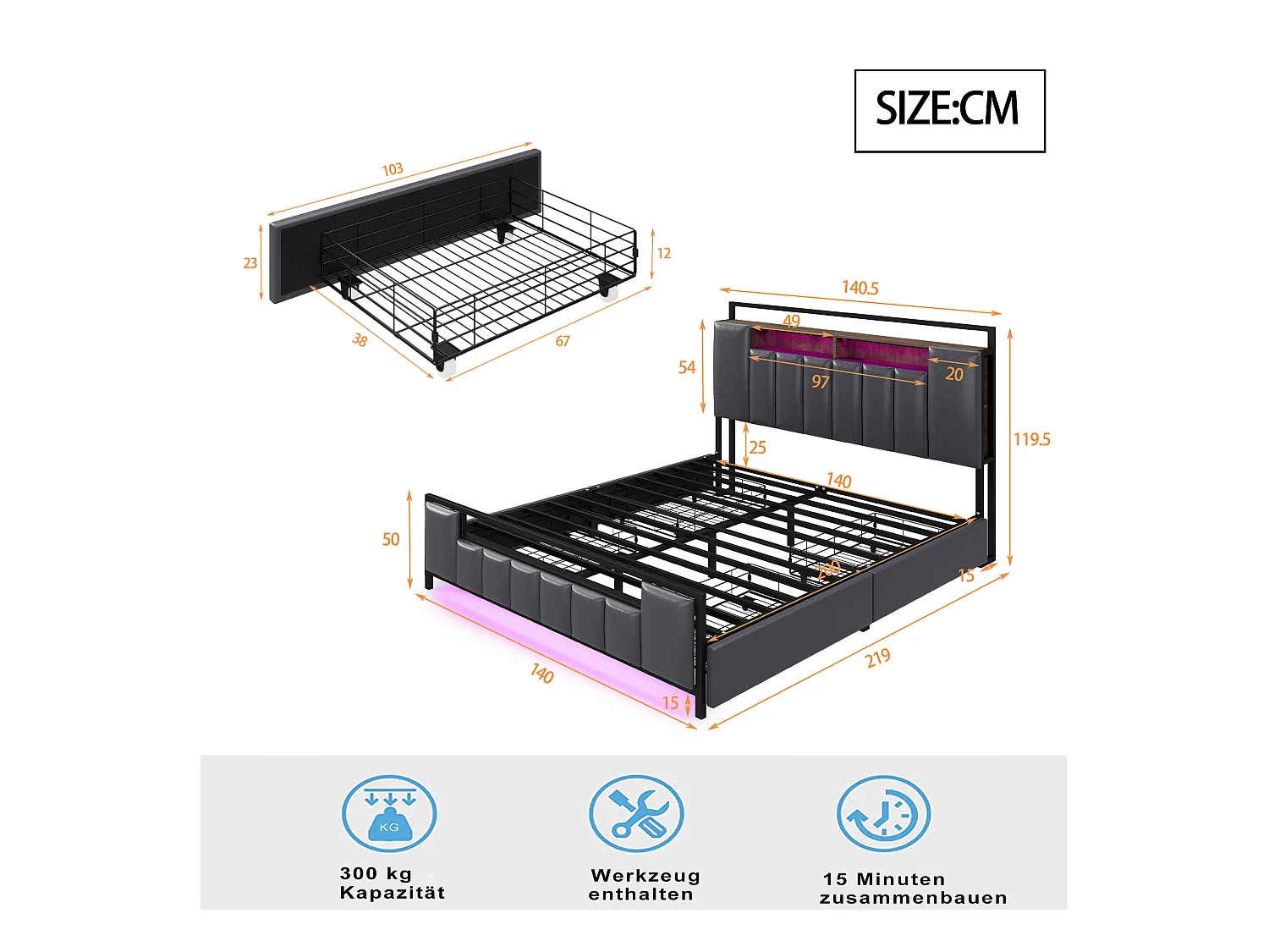 Lit tapissé 140x200 cm avec LED, port USB, tiroirs, structure métallique solide, cuir synthétique gris, double