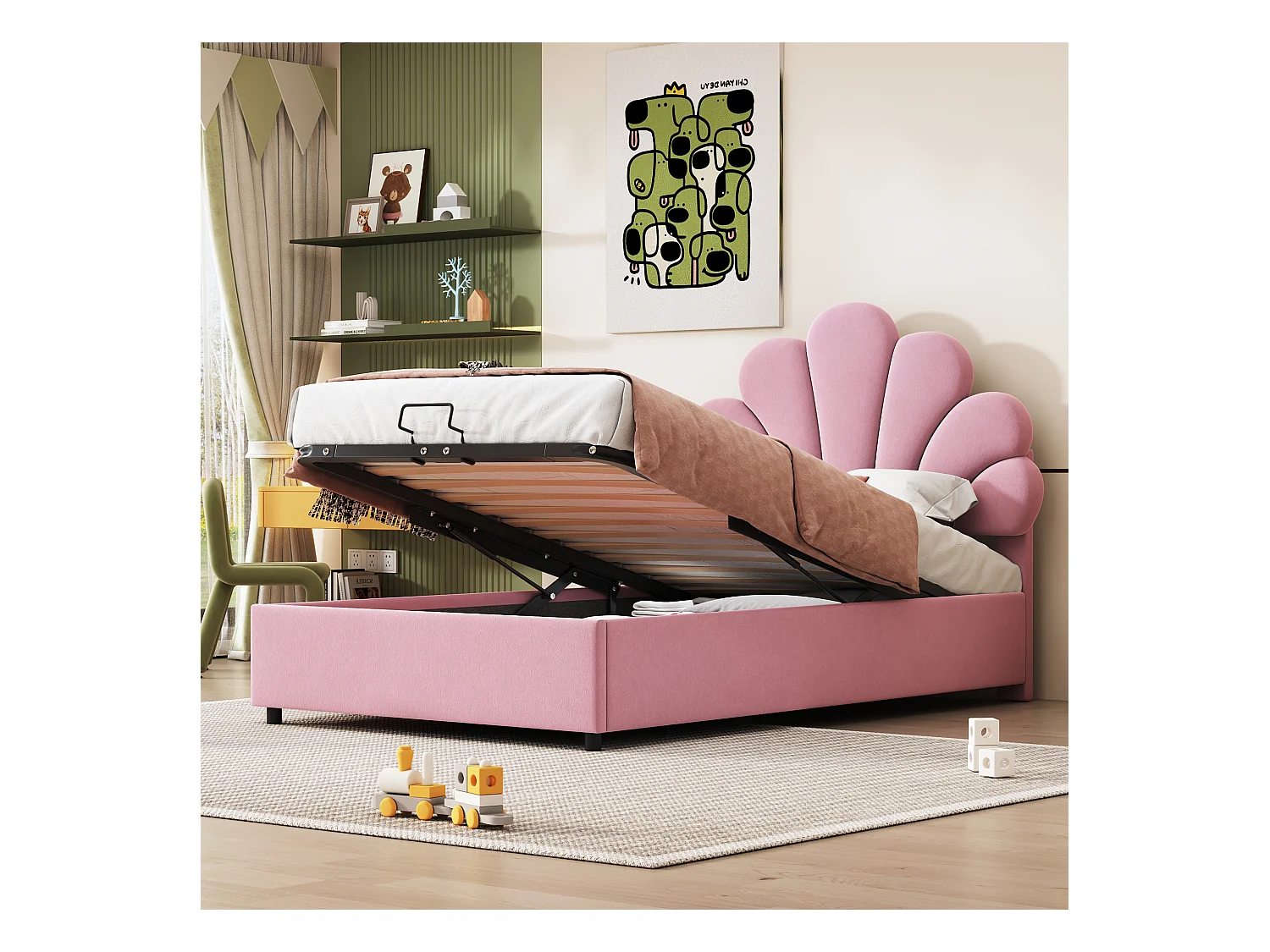 Lit enfant 90 x 200 cm, avec tête de lit florale et sommier, rangement hydraulique, velours doux, rose