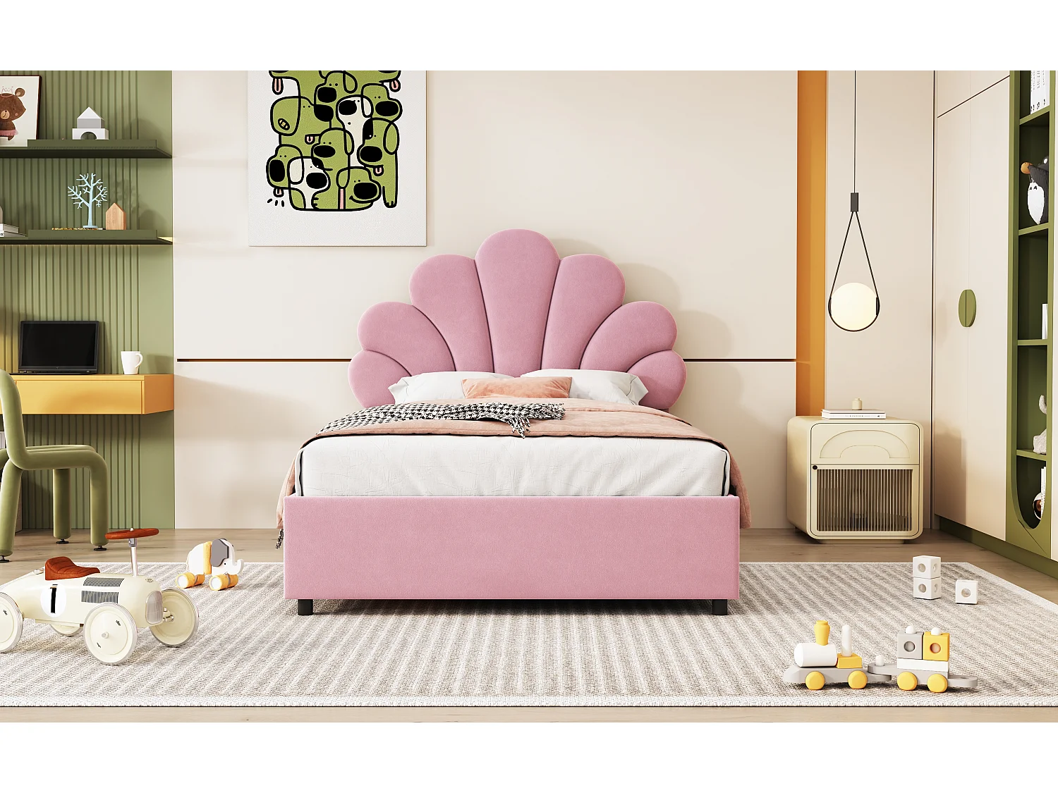 Lit enfant 90 x 200 cm, avec tête de lit florale et sommier, rangement hydraulique, velours doux, rose