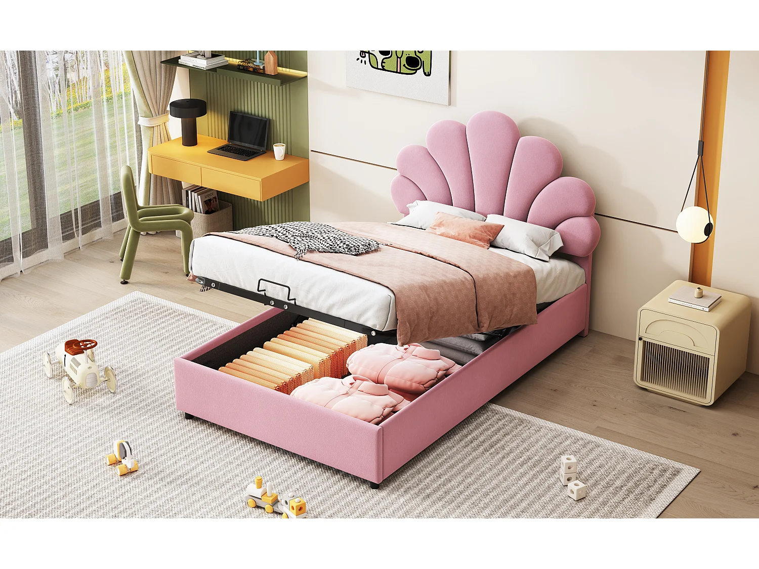 Lit enfant 90 x 200 cm, avec tête de lit florale et sommier, rangement hydraulique, velours doux, rose