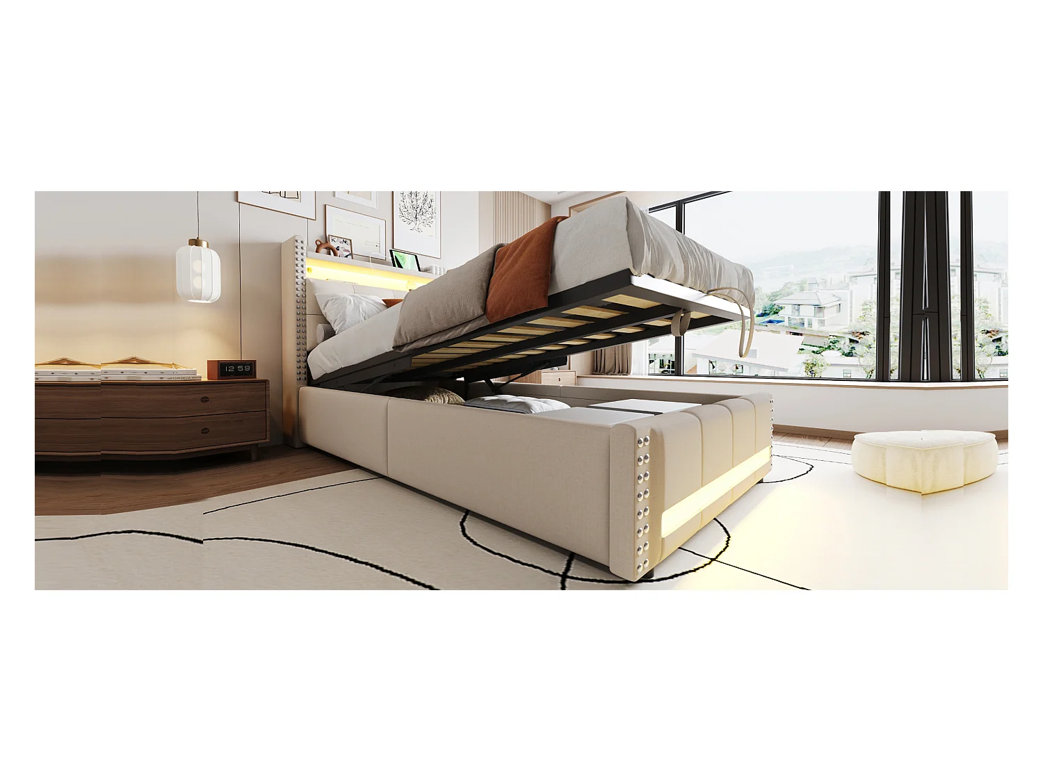 Lit enfant 90x200 cm avec éclairage LED, prise USB, tête de lit avec étagères et rangement, hydraulique