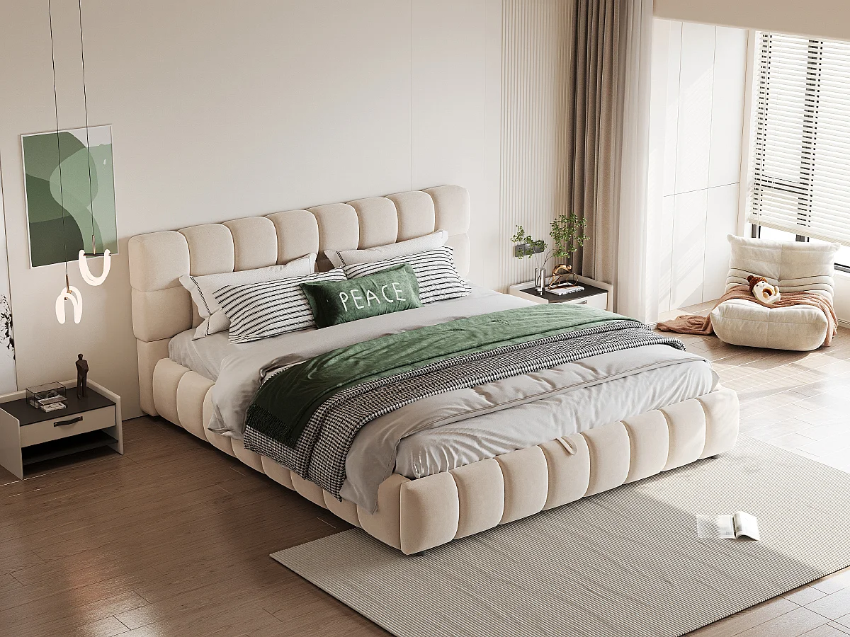 Lit rembourré 140 x 190 cm, tête de lit et côtés en velours beige, avec espace de rangement hydraulique