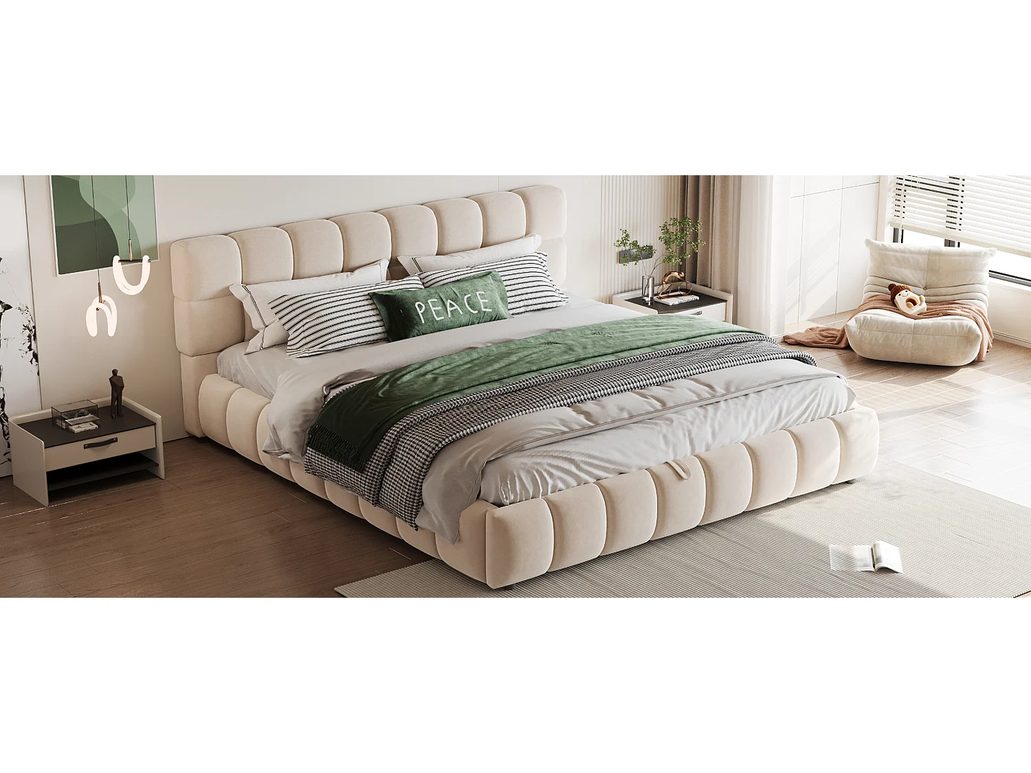 Lit rembourré 140 x 190 cm, tête de lit et côtés en velours beige, avec espace de rangement hydraulique