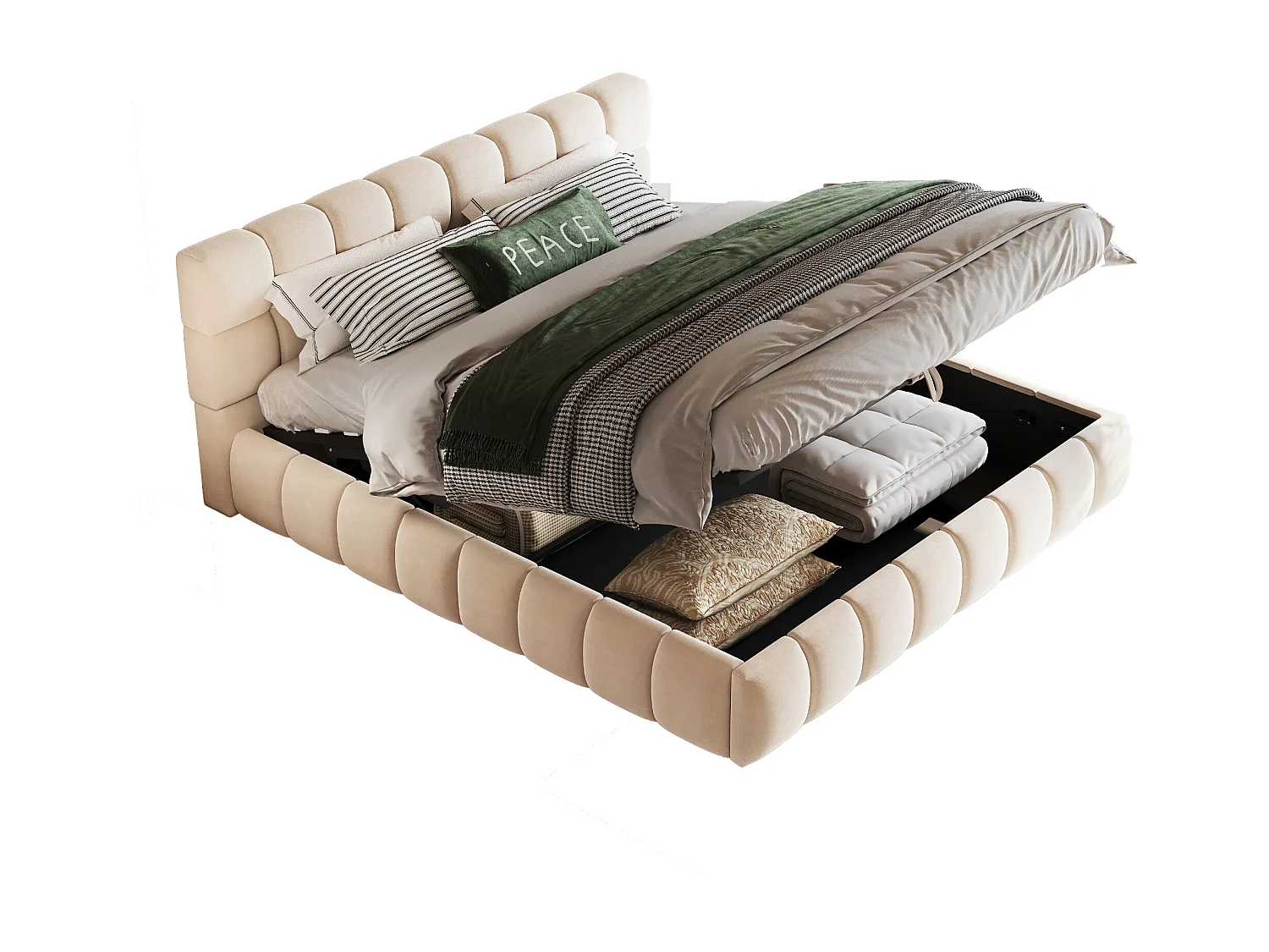 Lit rembourré 140 x 190 cm, tête de lit et côtés en velours beige, avec espace de rangement hydraulique