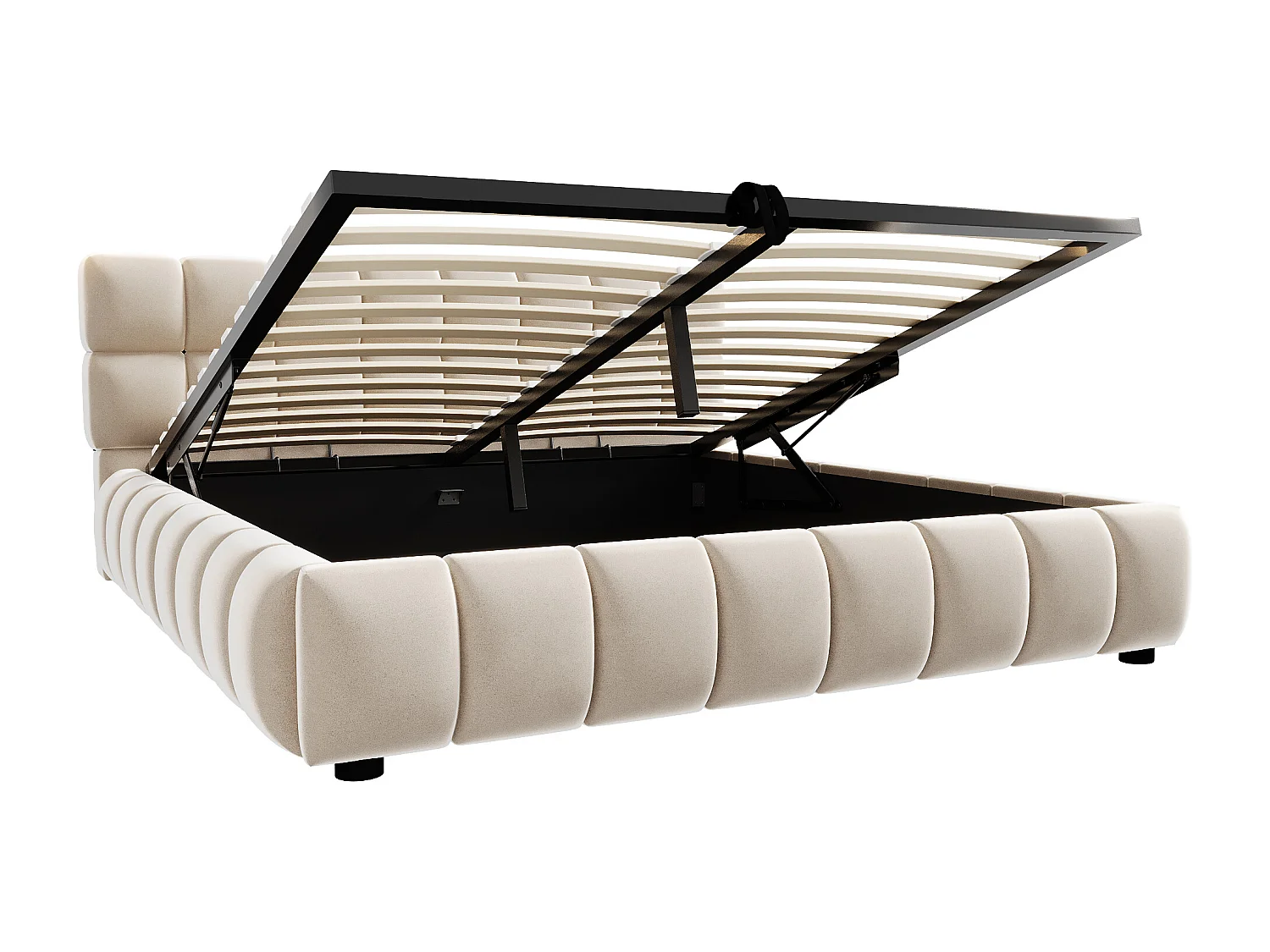 Lit rembourré 140 x 190 cm, tête de lit et côtés en velours beige, avec espace de rangement hydraulique