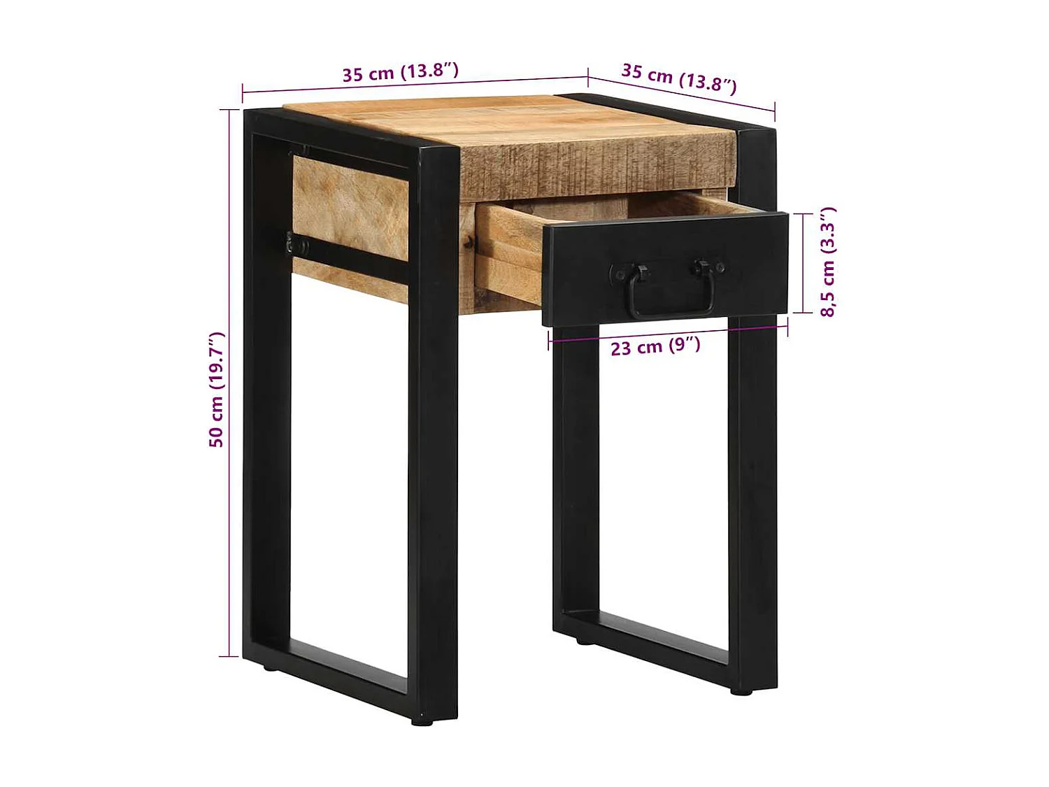 Mesa auxiliar madera maciza de mango rugosa 35x35x50 cm