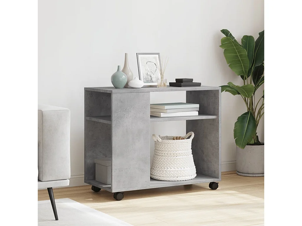 Bijzettafel met wielen 70x35x60 cm bewerkt hout betongrijs