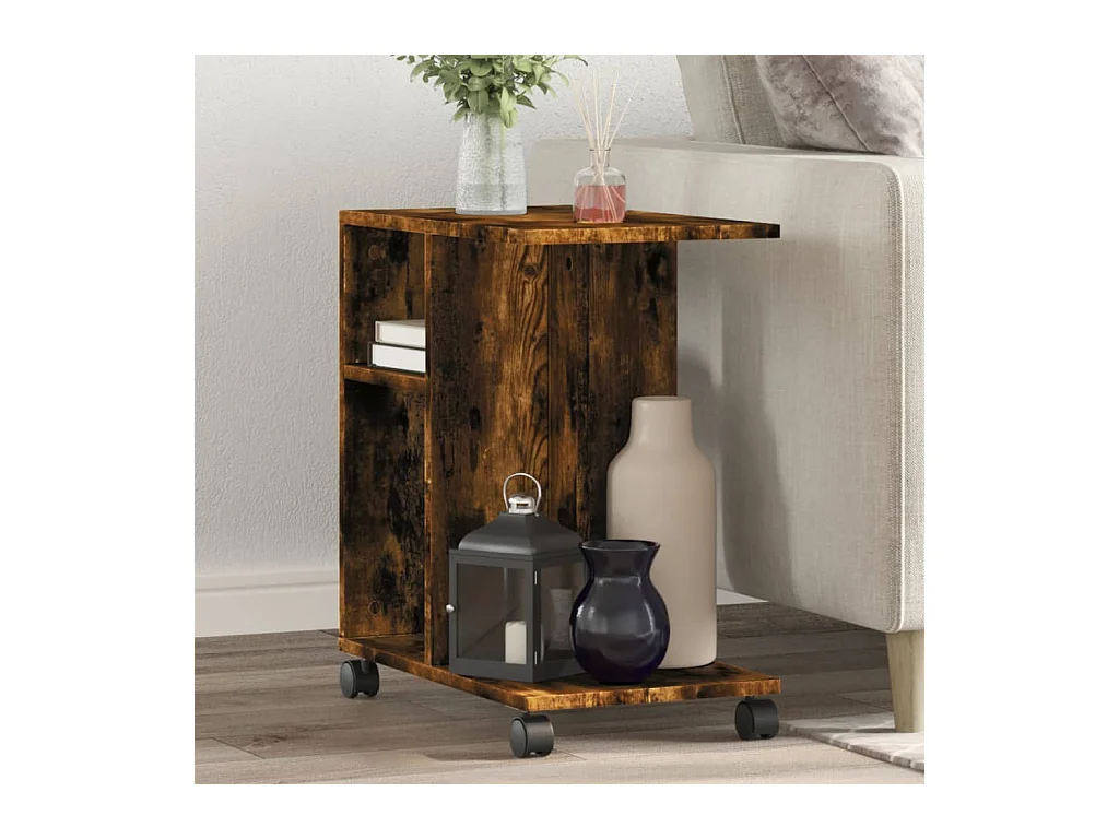 Table d'appoint avec roues chêne fumé bois d'ingénierie