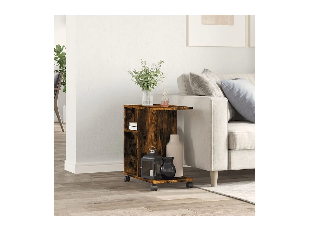 Table d'appoint avec roues chêne fumé bois d'ingénierie