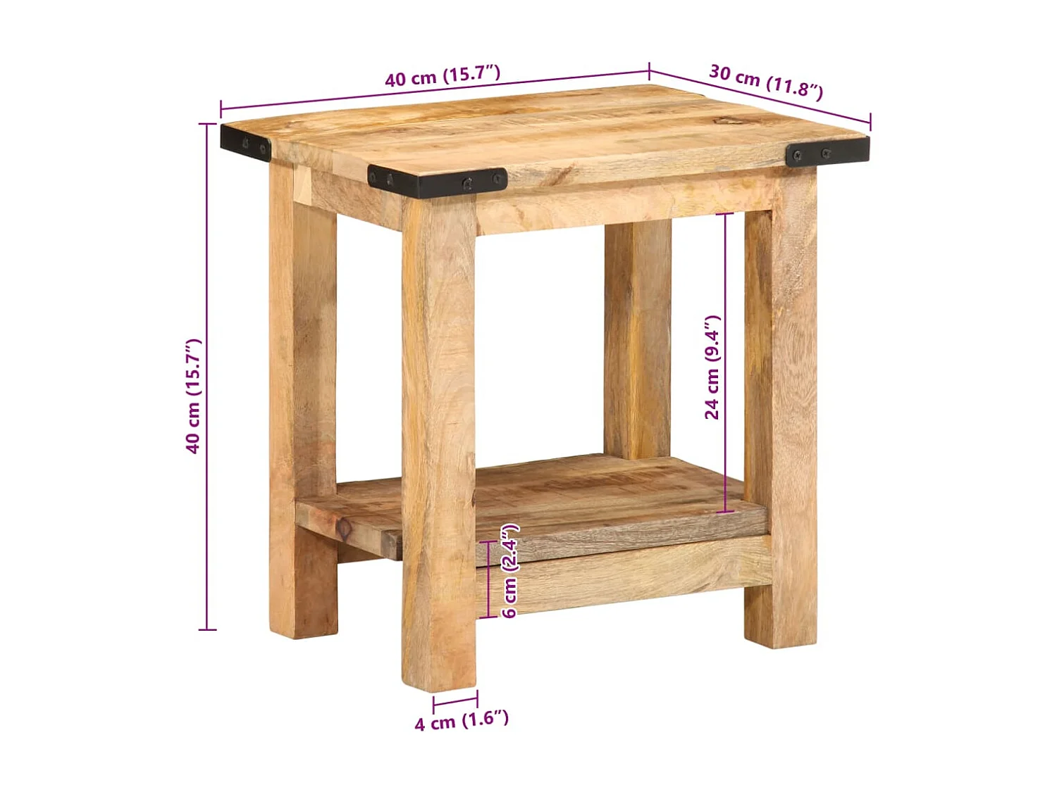 Mesa auxiliar madera maciza de mango rugosa 40x30x40 cm