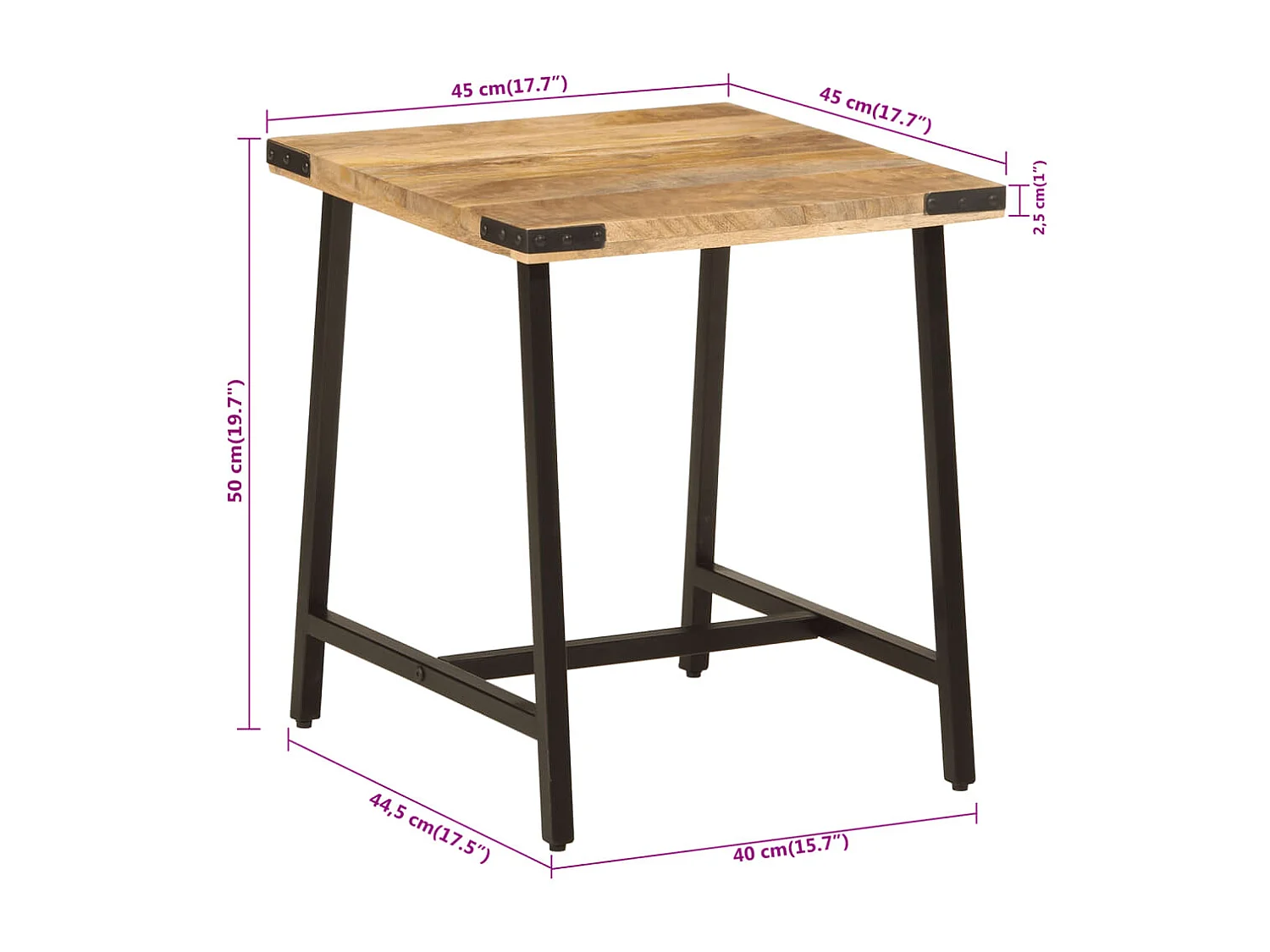 Mesa auxiliar de madera maciza de mango y hierro 45x45x50 cm