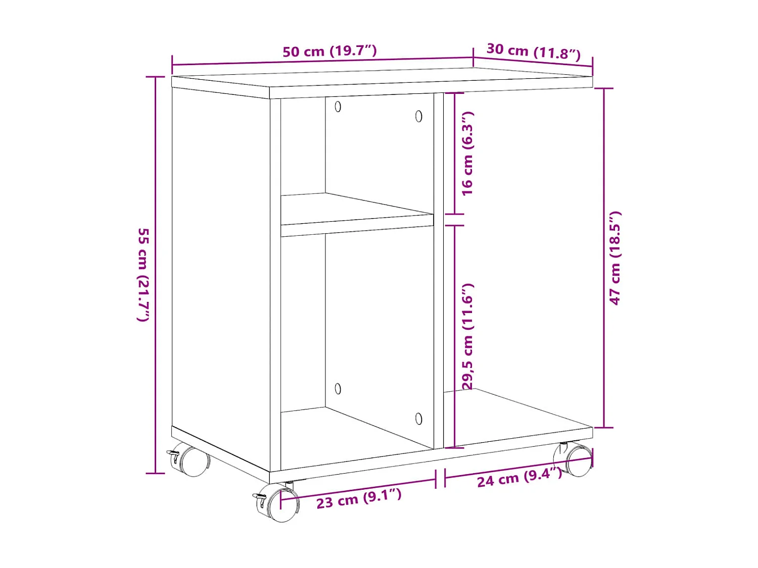 Table d'appoint avec roues blanc 50x30x55 cm bois d'ingénierie