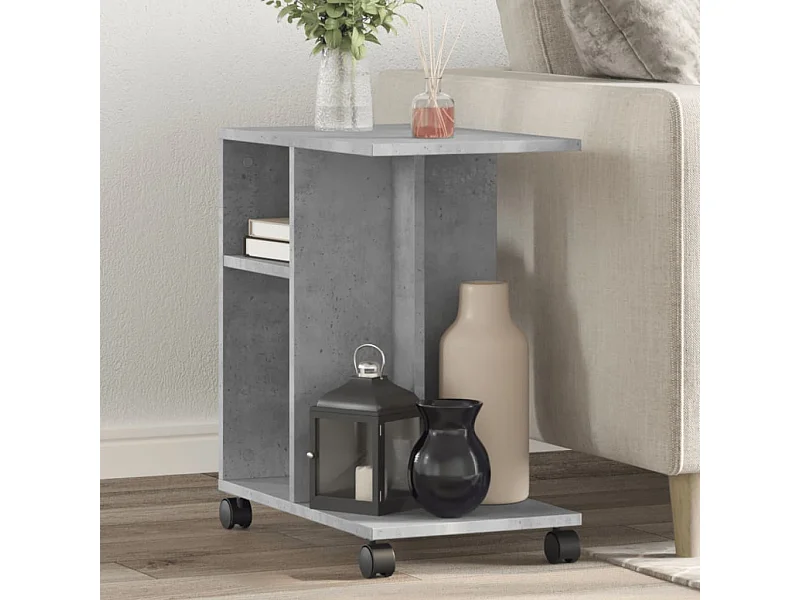 Mesa auxiliar ruedas madera ingeniería gris hormigón 50x30x55cm