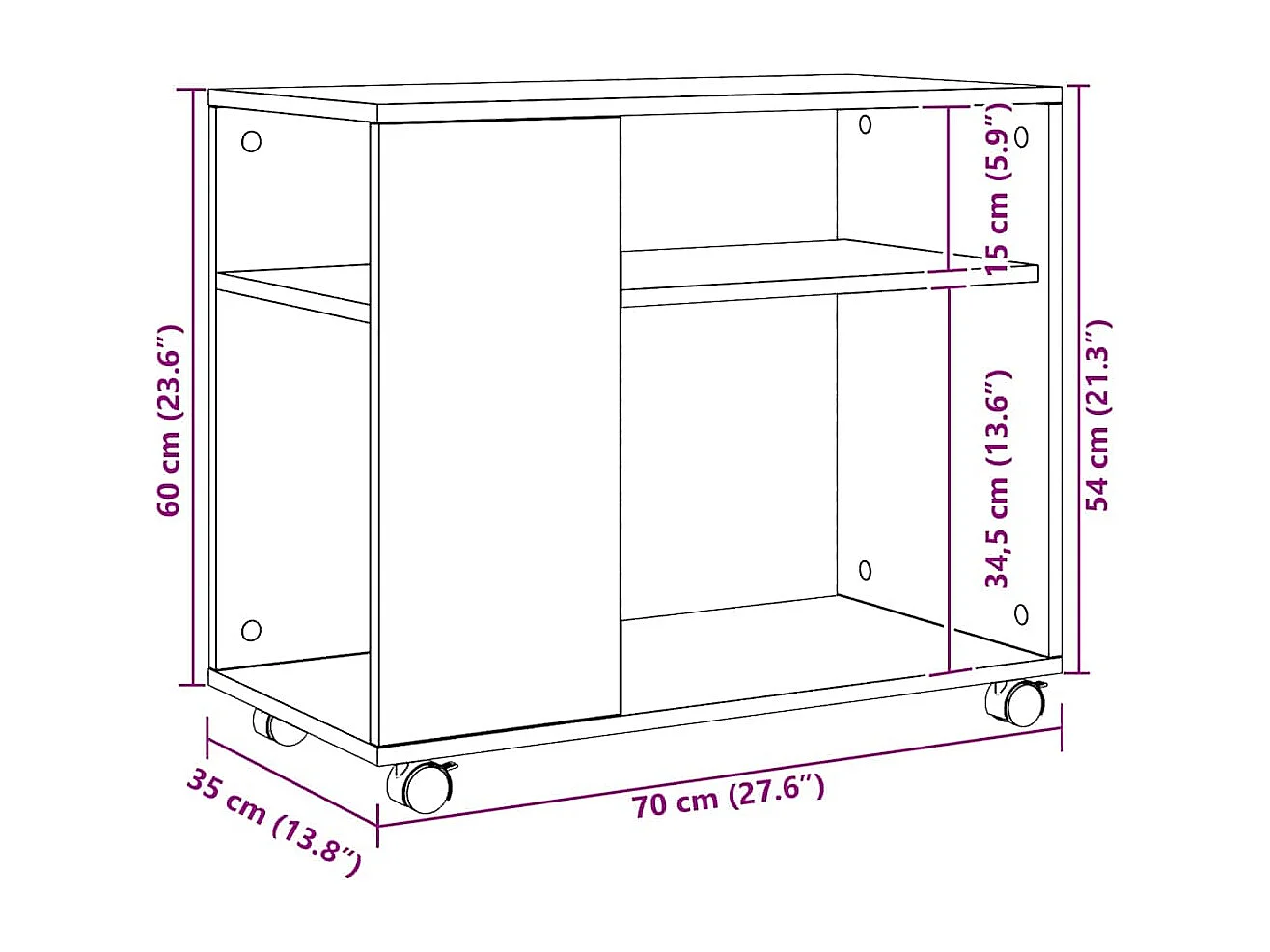 Mesa auxiliar con ruedas madera roble Sonoma 70x35x60 cm