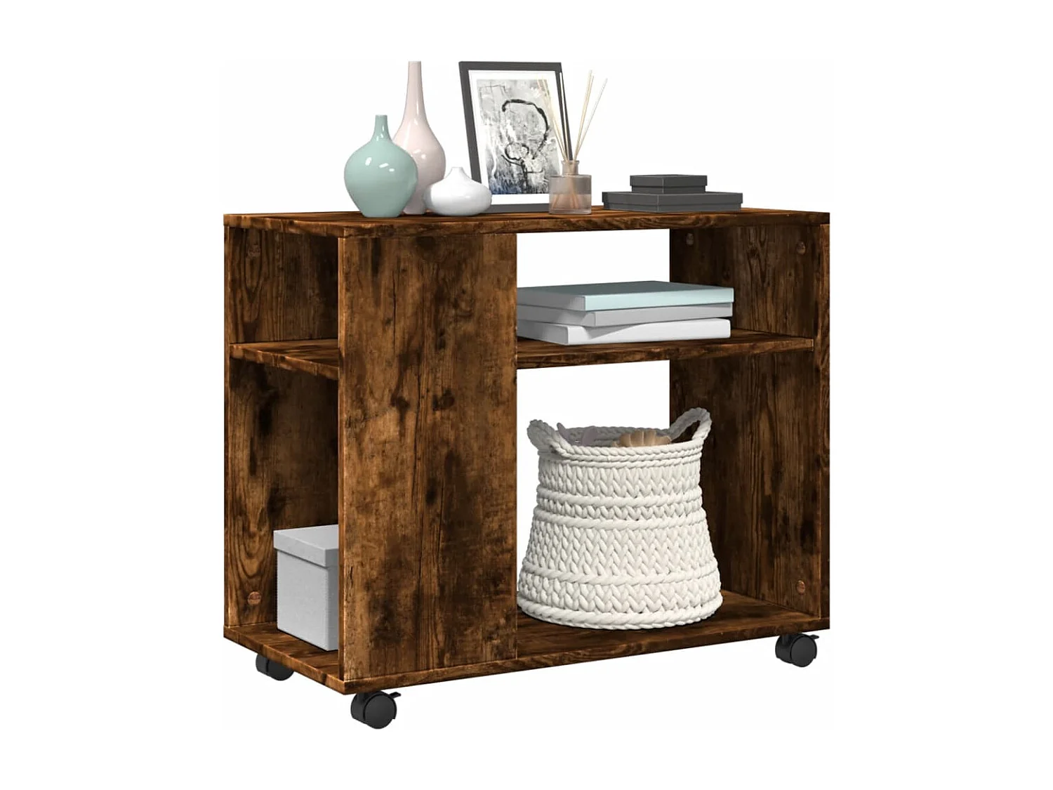 Mesa auxiliar con ruedas madera roble ahumado 70x35x60 cm