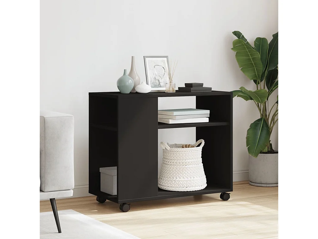 Mesa auxiliar con ruedas madera de ingeniería negra 70x35x60 cm