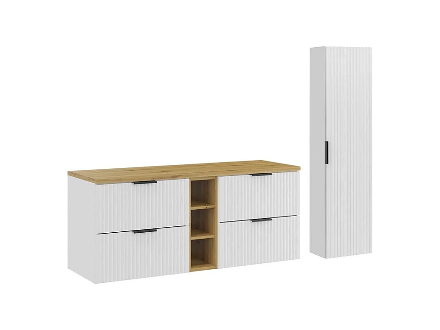 Ensemble de salle de bain NOXERA 140 cm – Meuble sous vasque suspendu blanc alpin avec plan vasque chêne clair, niches ouvertes