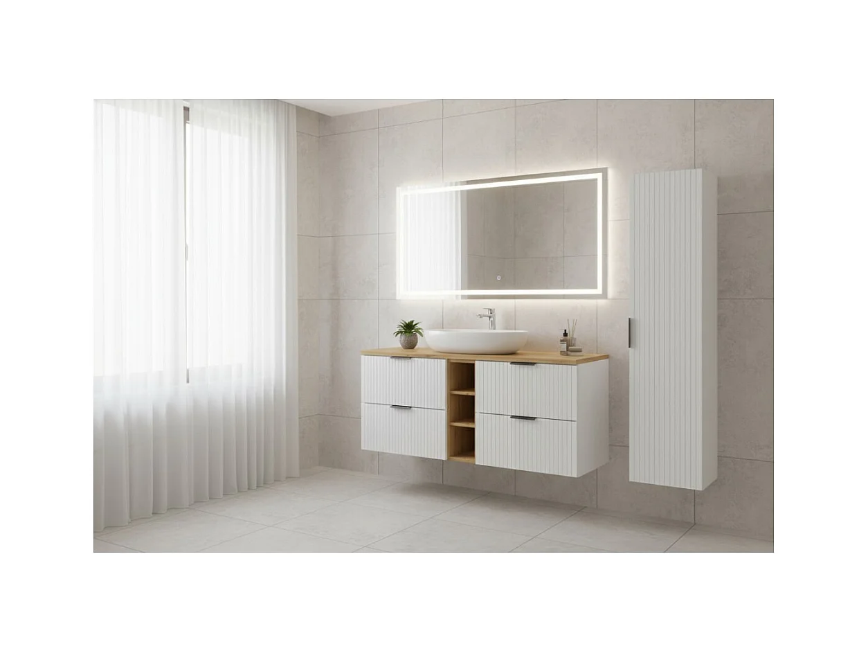 Ensemble de salle de bain NOXERA 140 cm – Meuble sous vasque suspendu blanc alpin avec plan vasque chêne clair, niches ouvertes