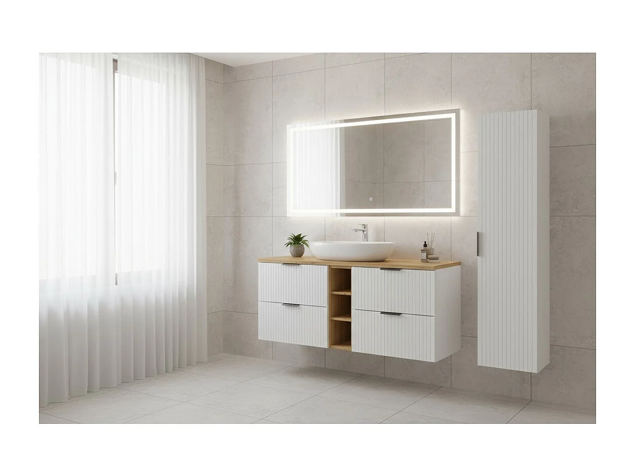 Ensemble de salle de bain NOXERA 140 cm – Meuble sous vasque suspendu blanc alpin avec plan vasque chêne clair, niches ouvertes
