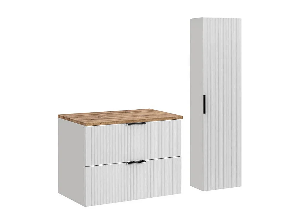 Ensemble de salle de bain NOXERA 80 cm – Meuble suspendu blanc alpin et chêne wotan avec plan vasque et colonne murale