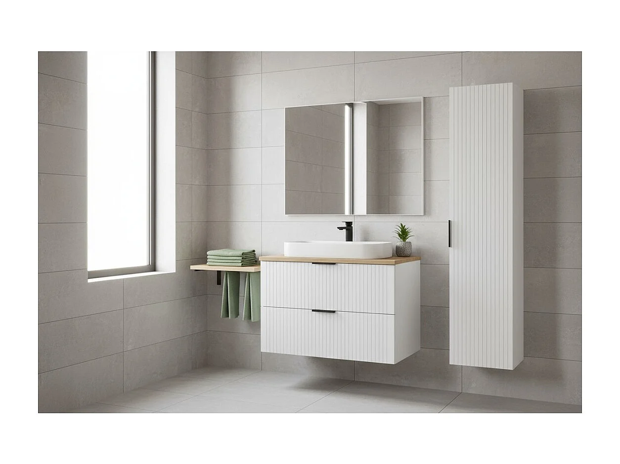 Ensemble de salle de bain NOXERA 80 cm – Meuble suspendu blanc alpin et chêne wotan avec plan vasque et colonne murale