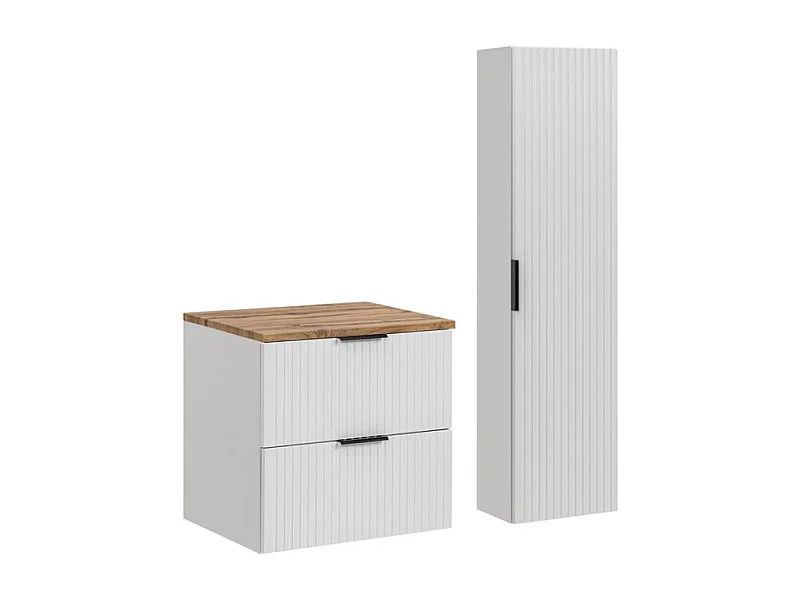 Ensemble de salle de bain NOXERA 60 cm – Meuble suspendu blanc alpin et chêne wotan avec plan vasque et colonne murale