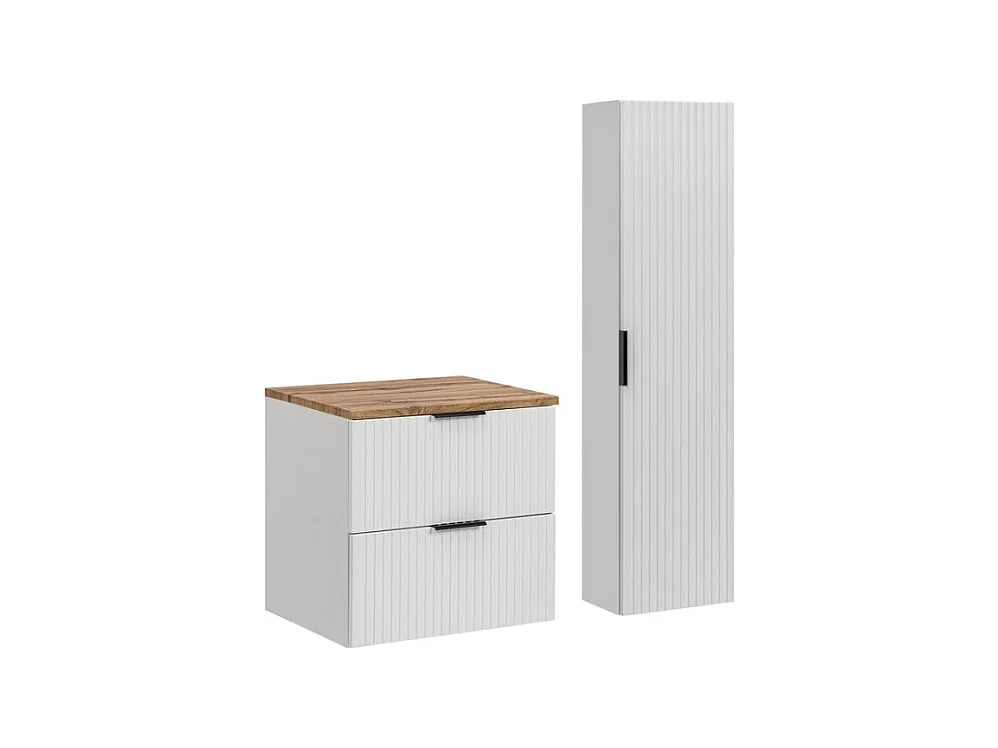 Ensemble de salle de bain NOXERA 60 cm – Meuble suspendu blanc alpin et chêne wotan avec plan vasque et colonne murale