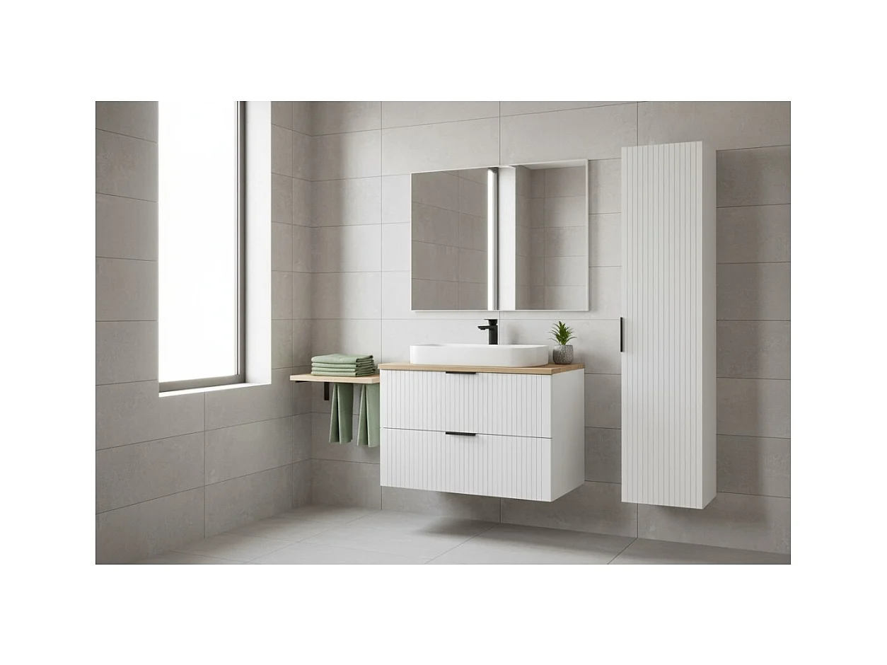 Ensemble de salle de bain NOXERA 60 cm – Meuble suspendu blanc alpin et chêne wotan avec plan vasque et colonne murale