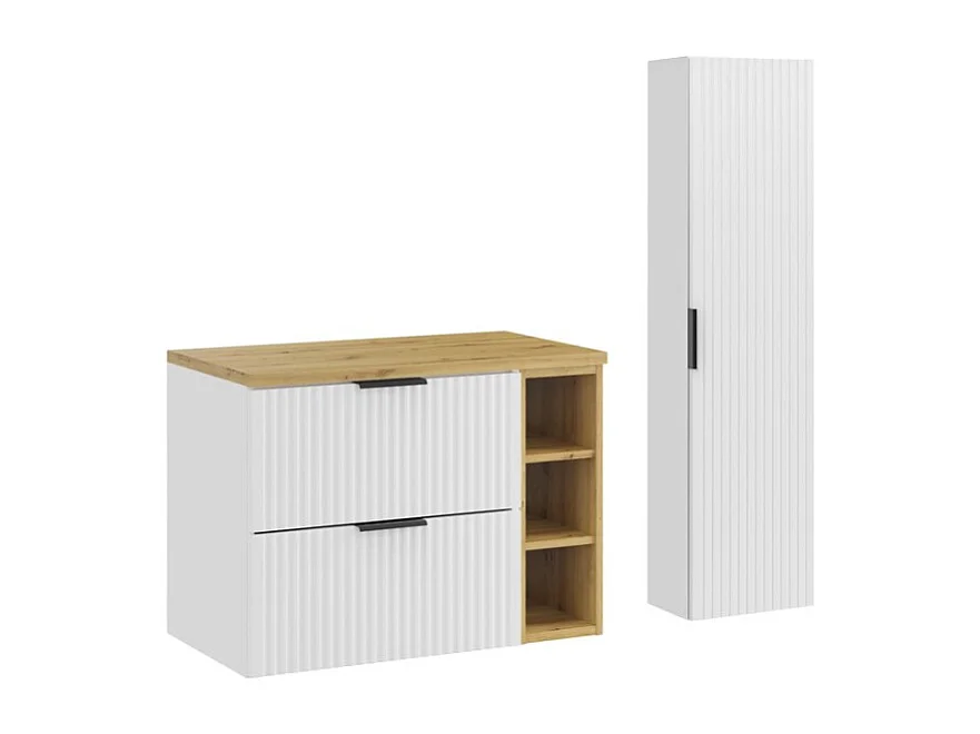 Badkamerset NOXERA 80 cm - Zwevend onderkastmeubel met blad voor wastafel, open nissen en kolomkast