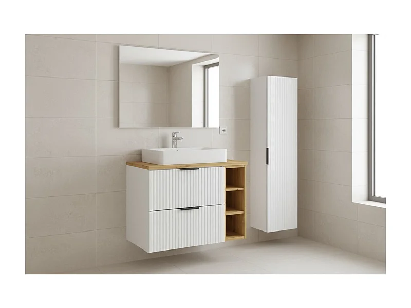 Ensemble de salle de bain NOXERA 80 cm – Meuble sous vasque suspendu blanc alpin avec plan vasque chêne clair, niches ouvertes e