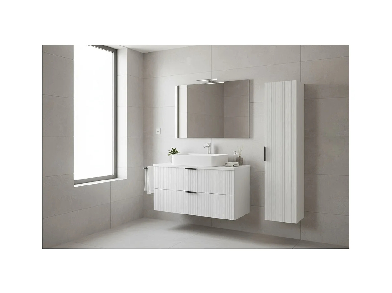 Ensemble de salle de bain NOXERA 60 cm – Meuble sous vasque suspendu blanc alpin mat avec plan vasque et colonne murale