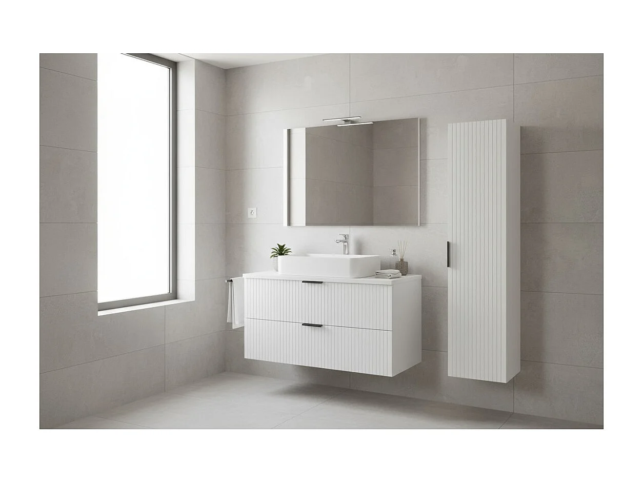 Ensemble de salle de bain NOXERA 60 cm – Meuble sous vasque suspendu blanc alpin mat avec plan vasque et colonne murale