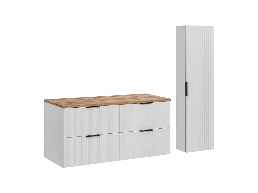 Ensemble de salle de bain NOXERA 120 cm – Meuble sous vasque suspendu blanc alpin et chêne wotan avec plan vasque et colonne mur