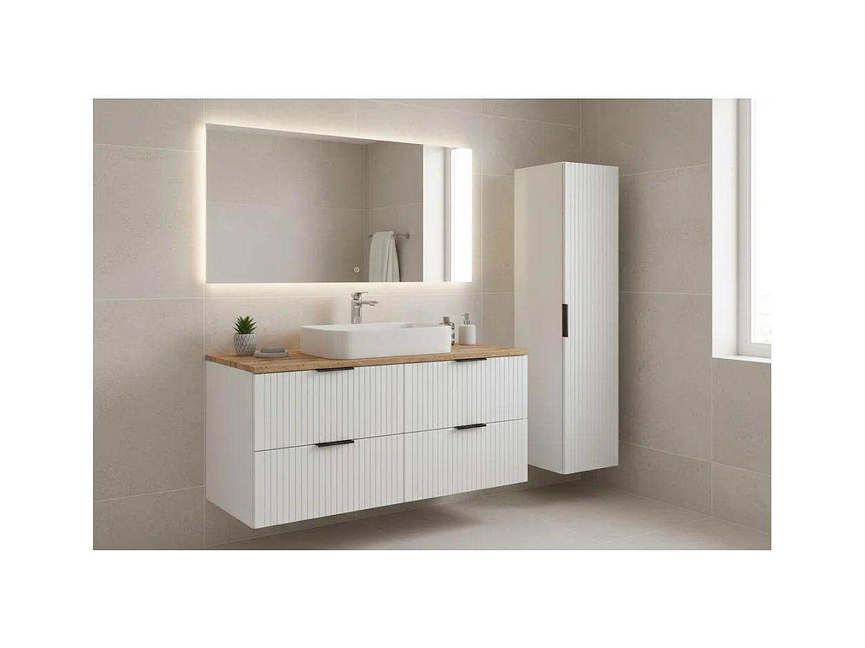 Ensemble de salle de bain NOXERA 120 cm – Meuble sous vasque suspendu blanc alpin et chêne wotan avec plan vasque et colonne mur