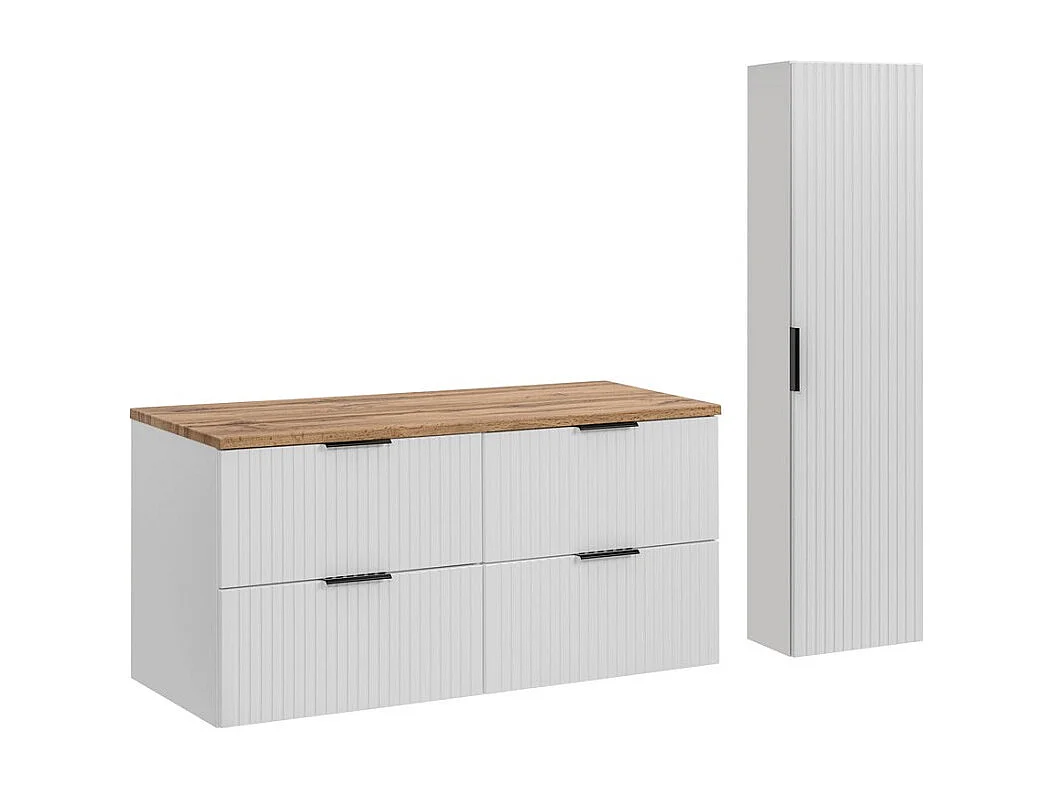 Ensemble de salle de bain NOXERA 120 cm – Meuble sous vasque suspendu blanc alpin et chêne wotan avec plan vasque et colonne mur