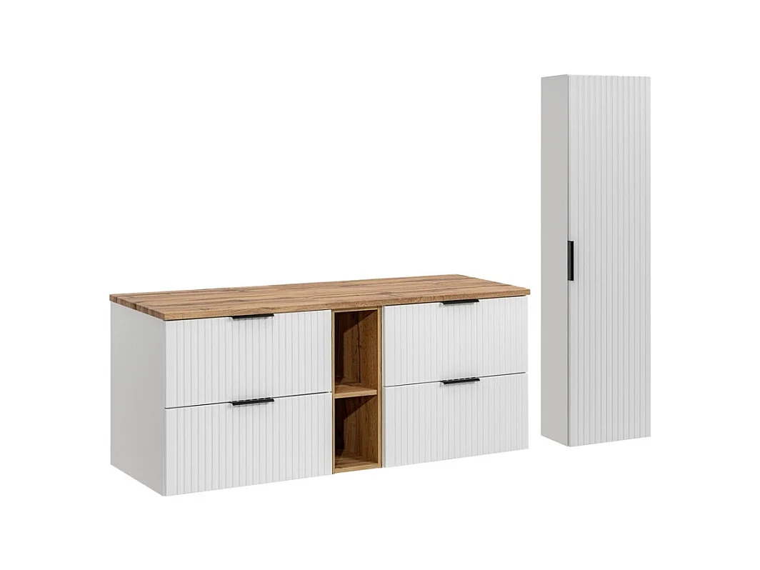 Ensemble de salle de bain NOXERA 140 cm – Meuble suspendu blanc alpin et chêne wotan avec double vasque, colonne murale et miroi