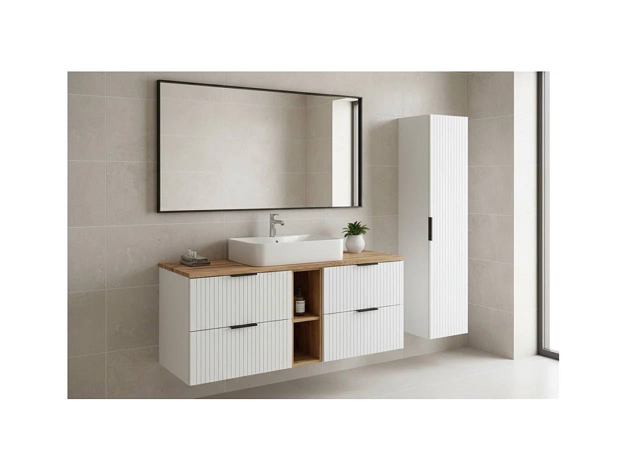 Ensemble de salle de bain NOXERA 140 cm – Meuble suspendu blanc alpin et chêne wotan avec double vasque, colonne murale et miroi
