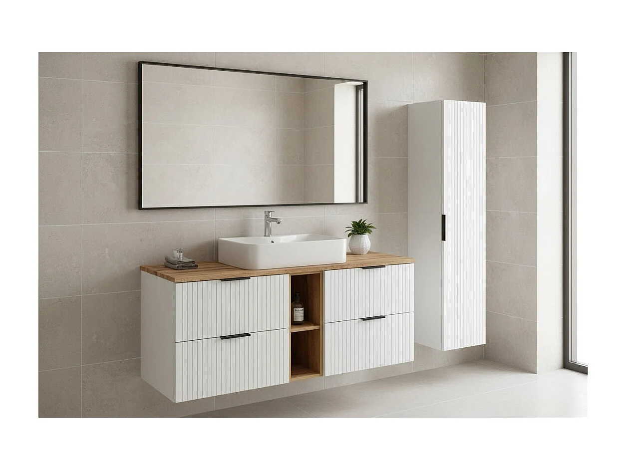 Ensemble de salle de bain NOXERA 140 cm – Meuble suspendu blanc alpin et chêne wotan avec double vasque, colonne murale et miroi