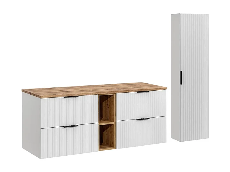 Ensemble de salle de bain NOXERA 140 cm – Meuble suspendu blanc alpin et chêne wotan avec double vasque, colonne murale et miroi