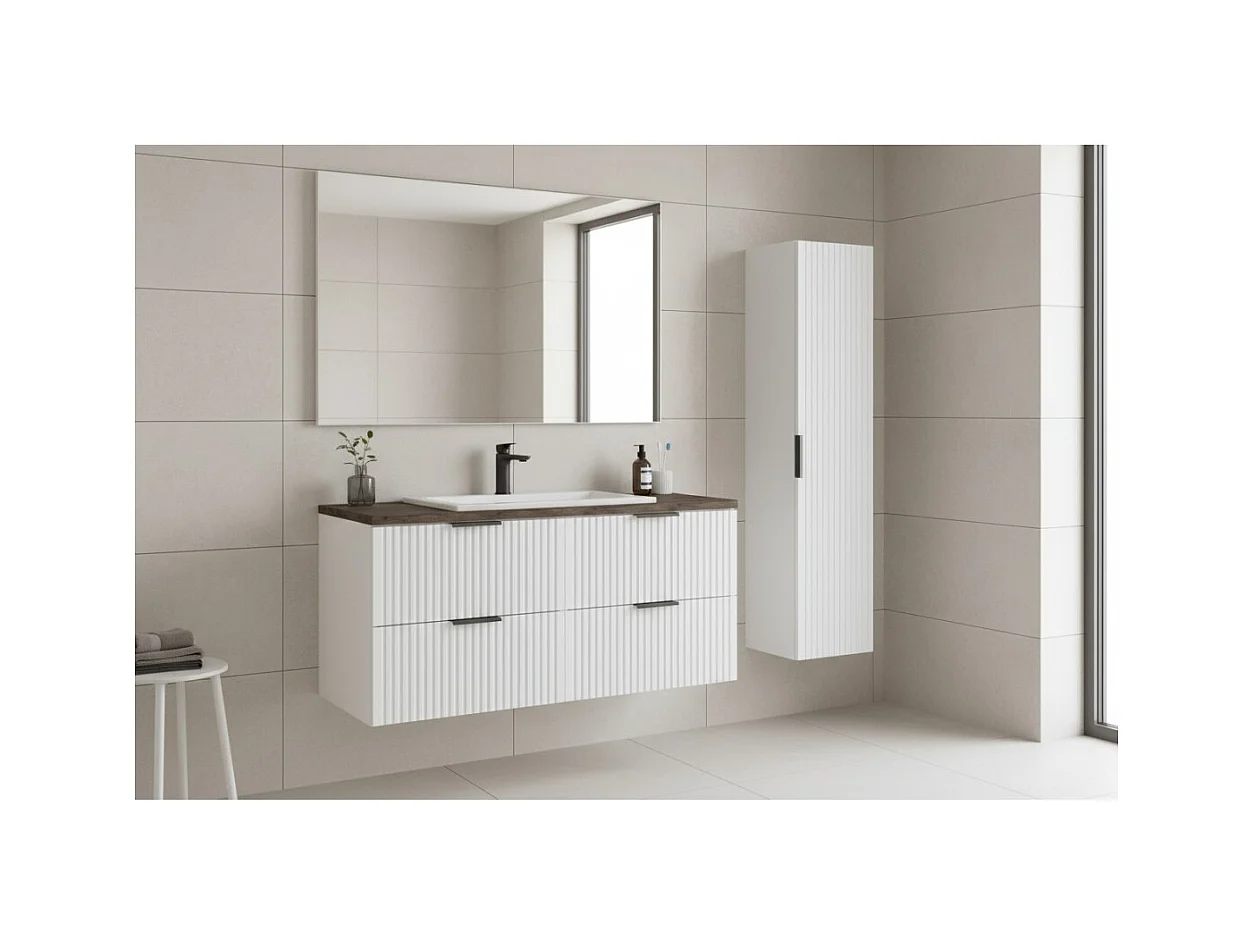 Ensemble de salle de bain NOXERA 120 cm – Meuble sous vasque suspendu blanc alpin effet bois épicéa avec plan vasque, colonne et